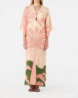 NEW JUAN DE DIOS andina cowrie shell neckline tunic kaftan dress in peach palms
